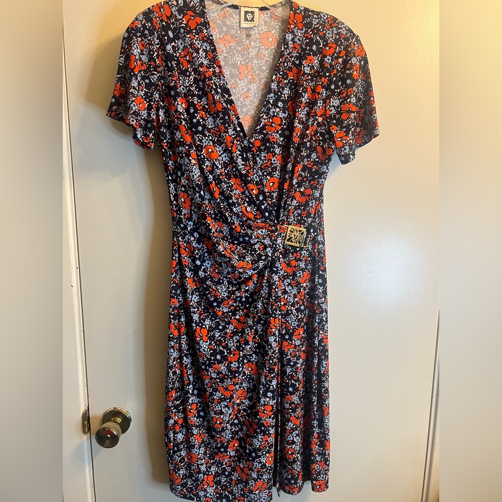 Anne Klein Blue and Orange Flutter Sleeve Midi Dress